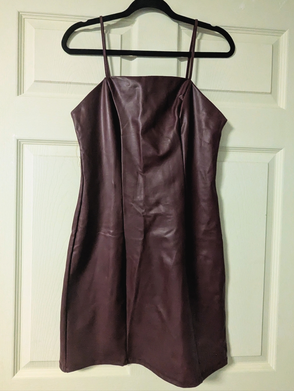 Maroon Red Faux Leather Mini Spaghetti Strap Dress Straight Stretch No Comment